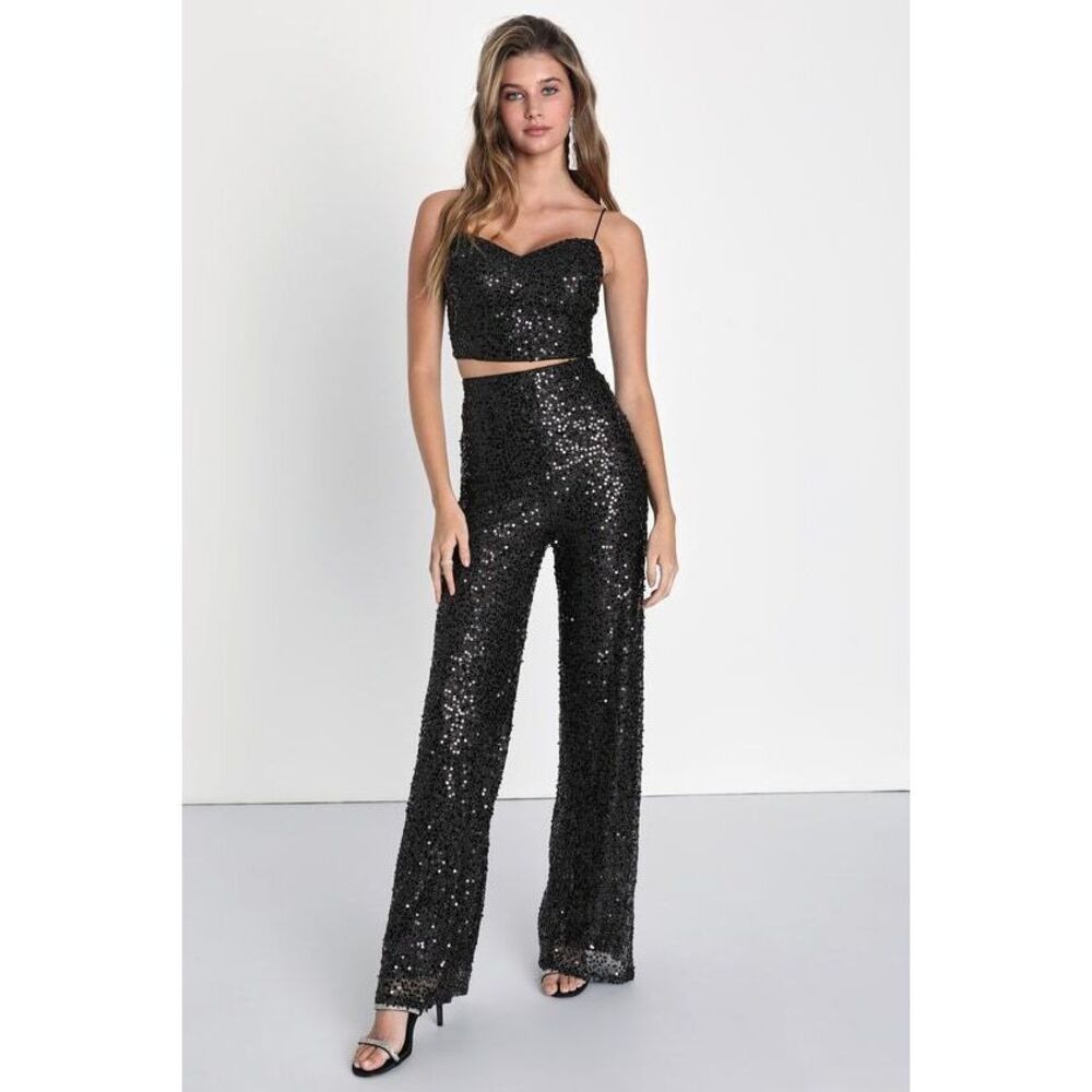 Lulus Sparkling Image Black Sequin Two-piece Jumpsuit - Size XXS